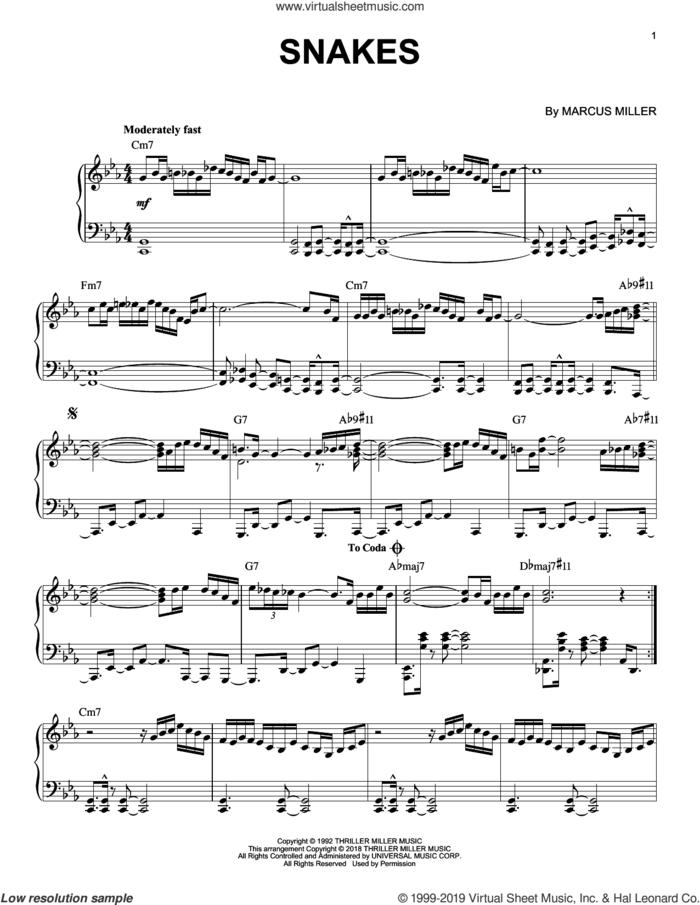 Snakes sheet music for piano solo by David Sanborn and Marcus Miller, intermediate skill level
