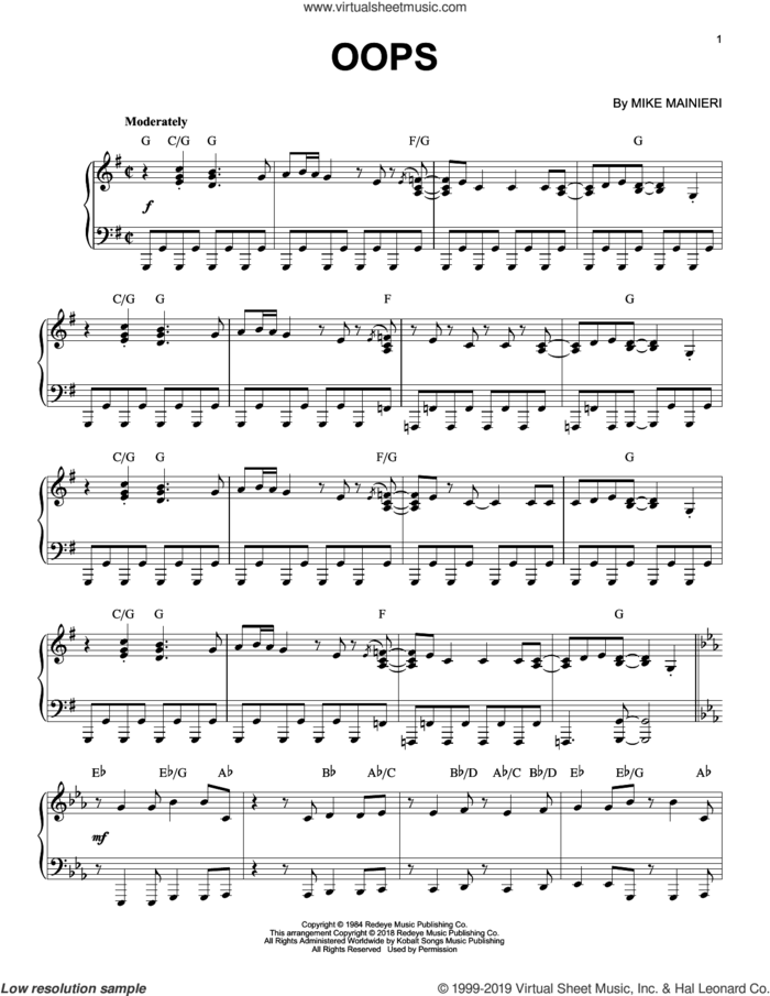 Oops sheet music for piano solo by Steps Ahead and Mike Mainieri, intermediate skill level