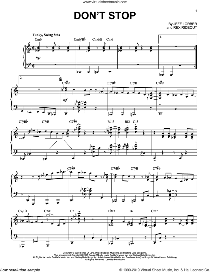 Don't Stop sheet music for piano solo by Jeff Lorber and Rex Rideout, intermediate skill level
