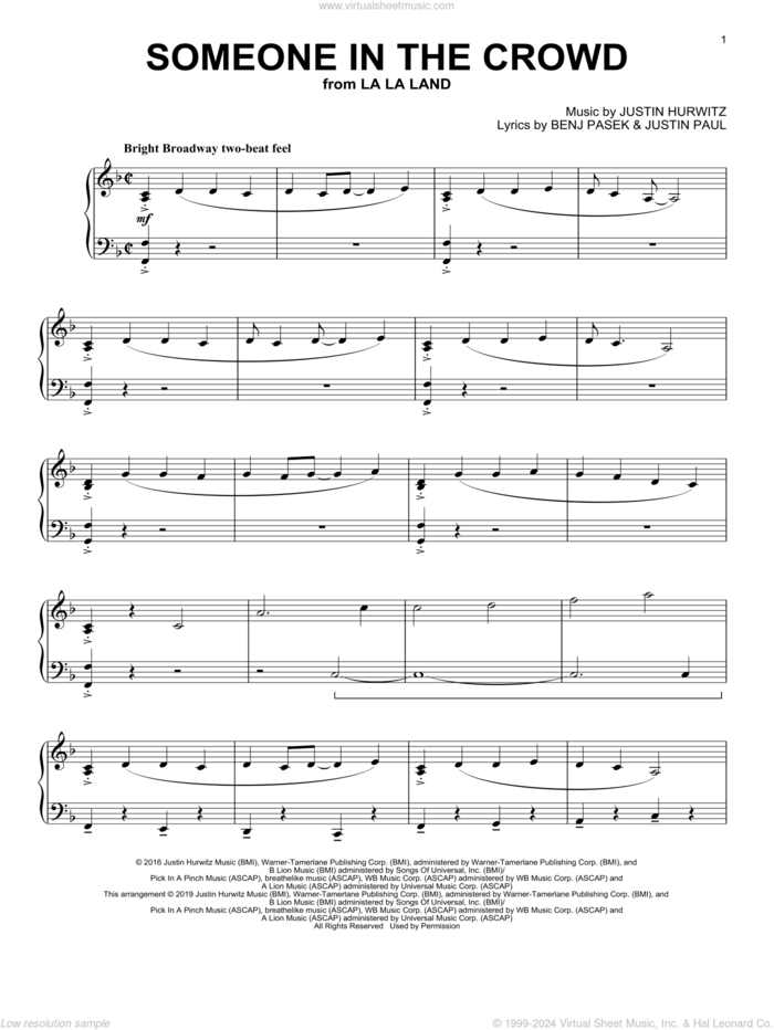 Someone In The Crowd (from La La Land) sheet music for piano solo by Emma Stone, Benj Pasek, Justin Hurwitz and Justin Paul, intermediate skill level