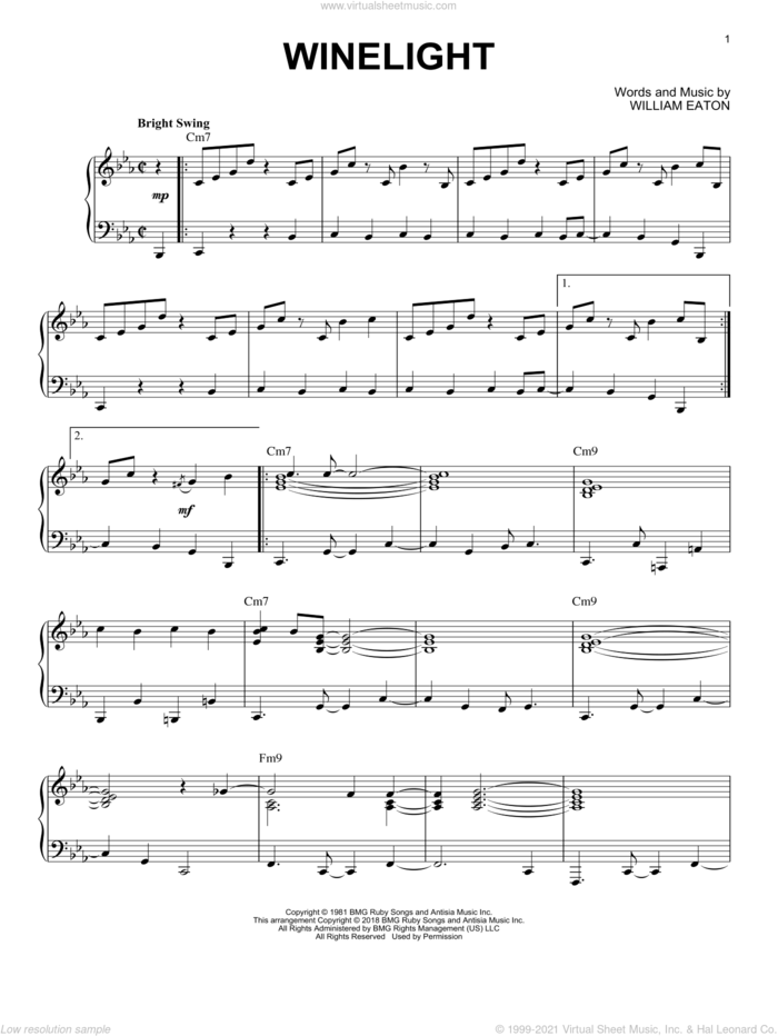 Winelight sheet music for piano solo by Grover Washington Jr. and William Eaton, intermediate skill level