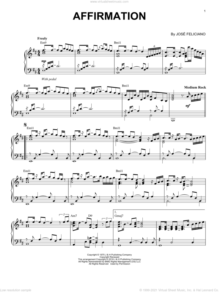 Affirmation sheet music for piano solo by George Benson and Jose Feliciano, intermediate skill level