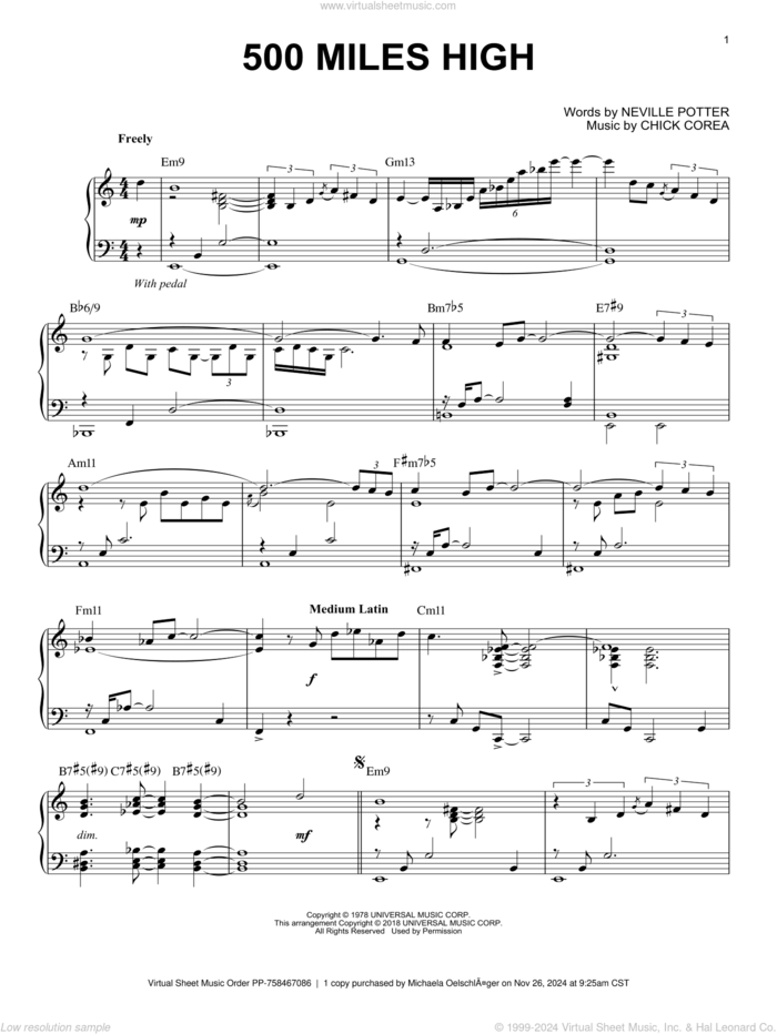 500 Miles High sheet music for piano solo by Chick Corea Elektric Band, Chick Corea and Neville Potter, intermediate skill level