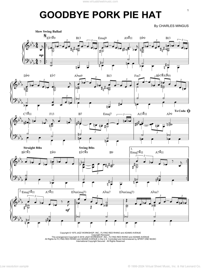 Goodbye Pork Pie Hat, (intermediate) sheet music for piano solo by Charles Mingus, intermediate skill level