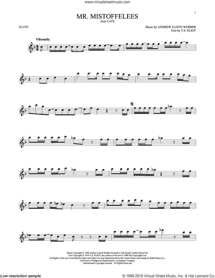 Mr. Mistoffelees (from Cats) sheet music for flute solo by Andrew Lloyd Webber and T.S. Eliot, intermediate skill level