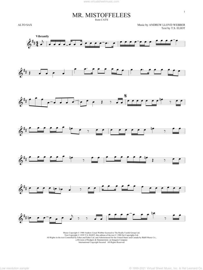 Mr. Mistoffelees (from Cats) sheet music for alto saxophone solo by Andrew Lloyd Webber and T.S. Eliot, intermediate skill level