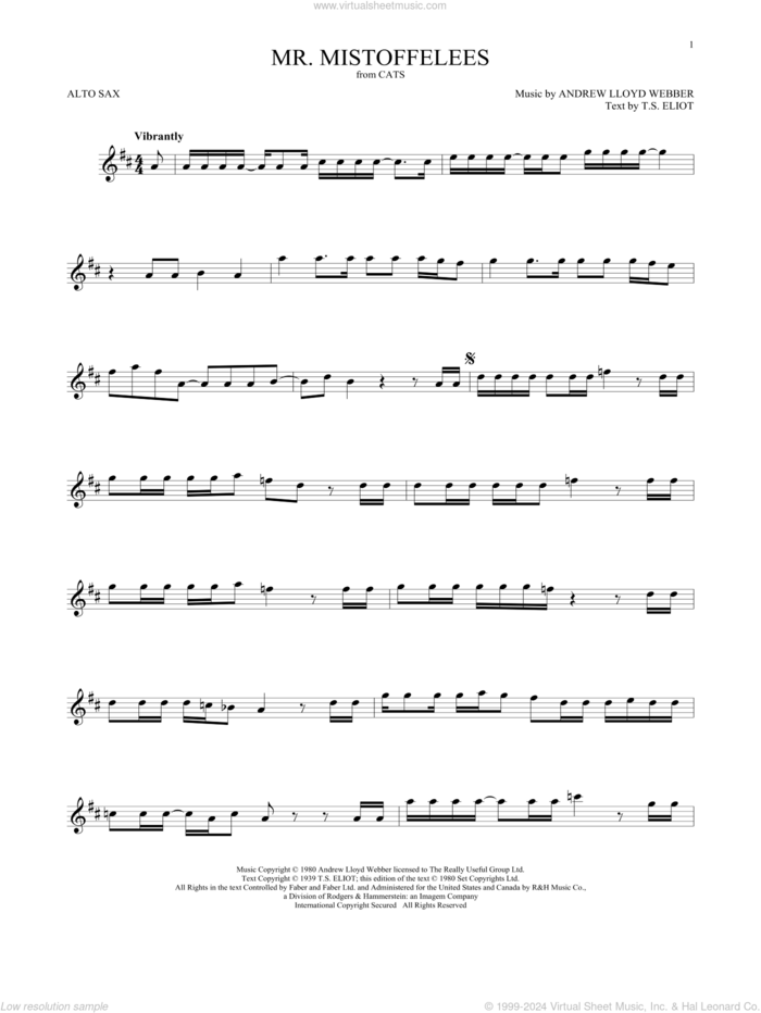 Mr. Mistoffelees (from Cats) sheet music for alto saxophone solo by Andrew Lloyd Webber and T.S. Eliot, intermediate skill level