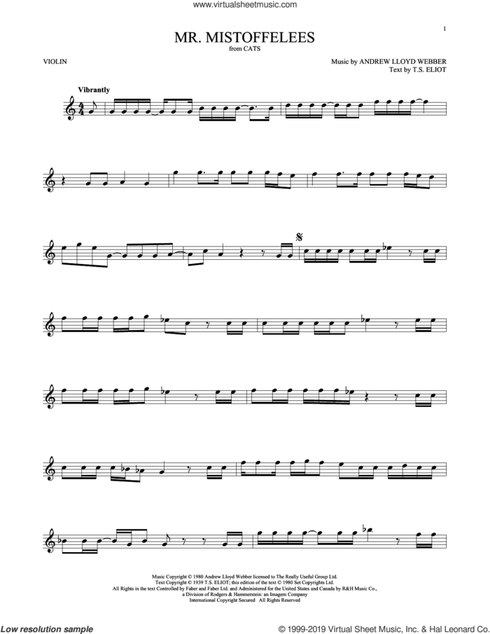 Mr. Mistoffelees (from Cats) sheet music for violin solo by Andrew Lloyd Webber and T.S. Eliot, intermediate skill level