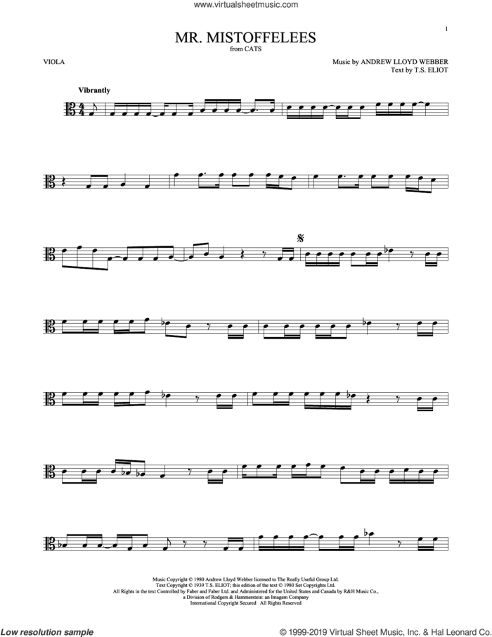 Mr. Mistoffelees (from Cats) sheet music for viola solo by Andrew Lloyd Webber and T.S. Eliot, intermediate skill level