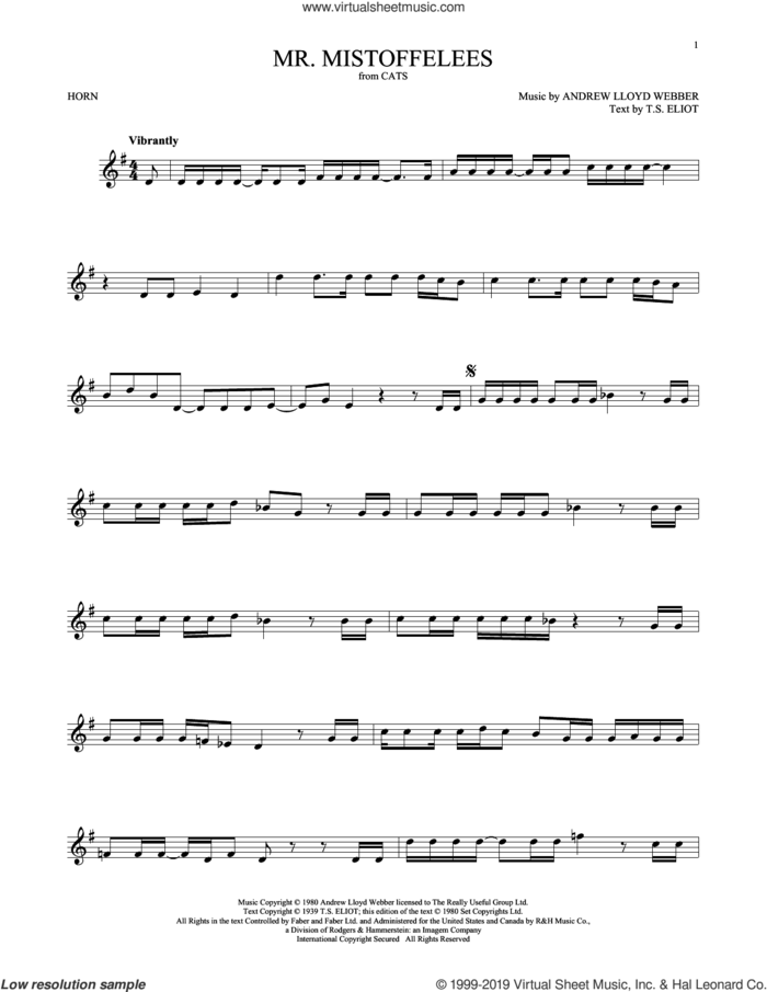 Mr. Mistoffelees (from Cats) sheet music for horn solo by Andrew Lloyd Webber and T.S. Eliot, intermediate skill level