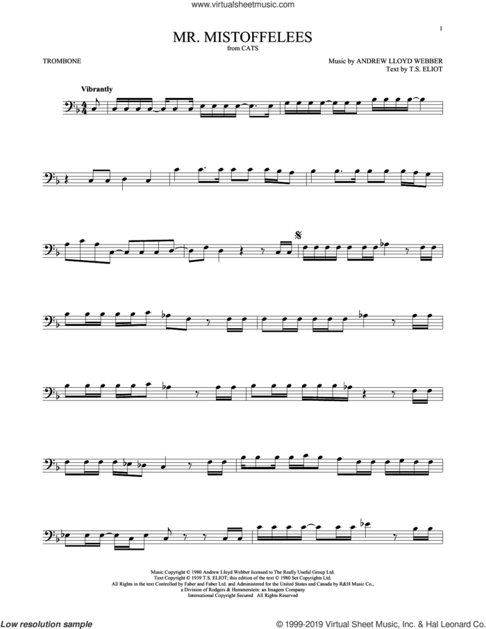 Mr. Mistoffelees (from Cats) sheet music for trombone solo by Andrew Lloyd Webber and T.S. Eliot, intermediate skill level