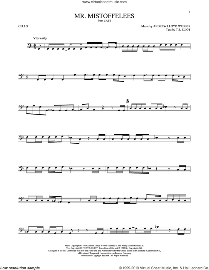 Mr. Mistoffelees (from Cats) sheet music for cello solo by Andrew Lloyd Webber and T.S. Eliot, intermediate skill level