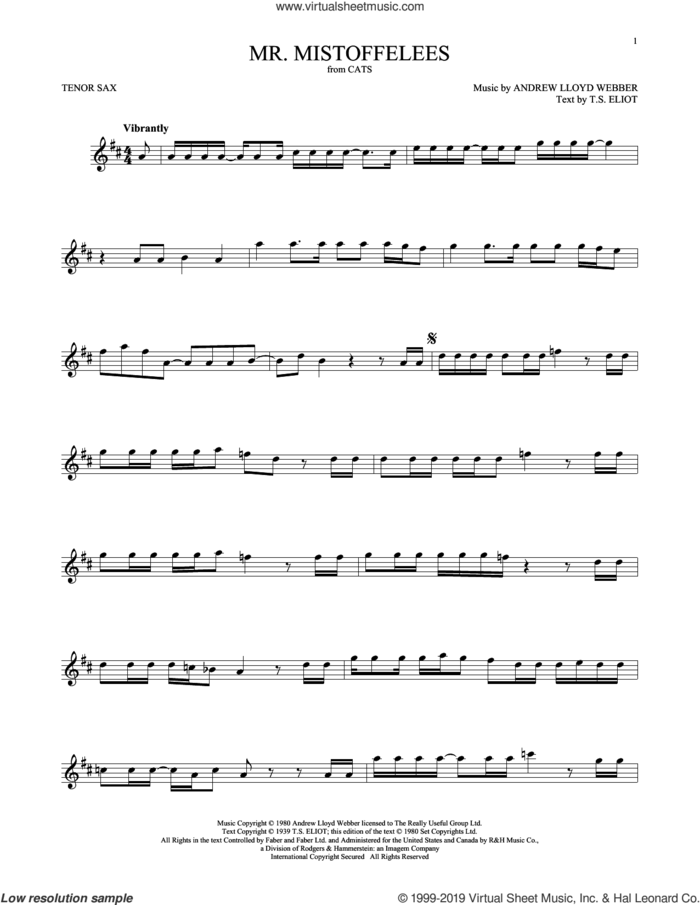 Mr. Mistoffelees (from Cats) sheet music for tenor saxophone solo by Andrew Lloyd Webber and T.S. Eliot, intermediate skill level