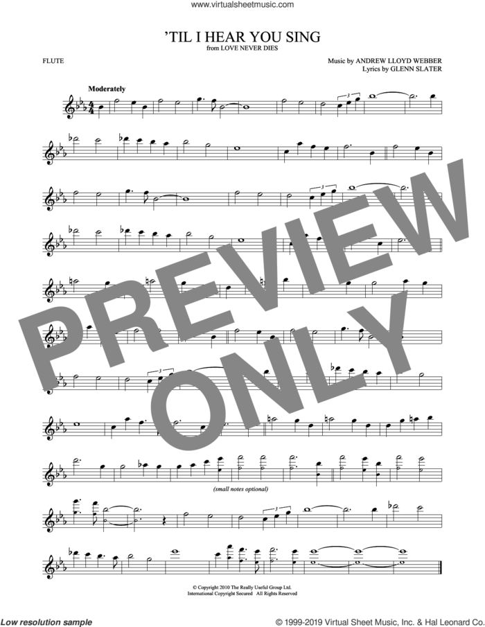 'Til I Hear You Sing (from Love Never Dies) sheet music for flute solo by Andrew Lloyd Webber and Glenn Slater, intermediate skill level