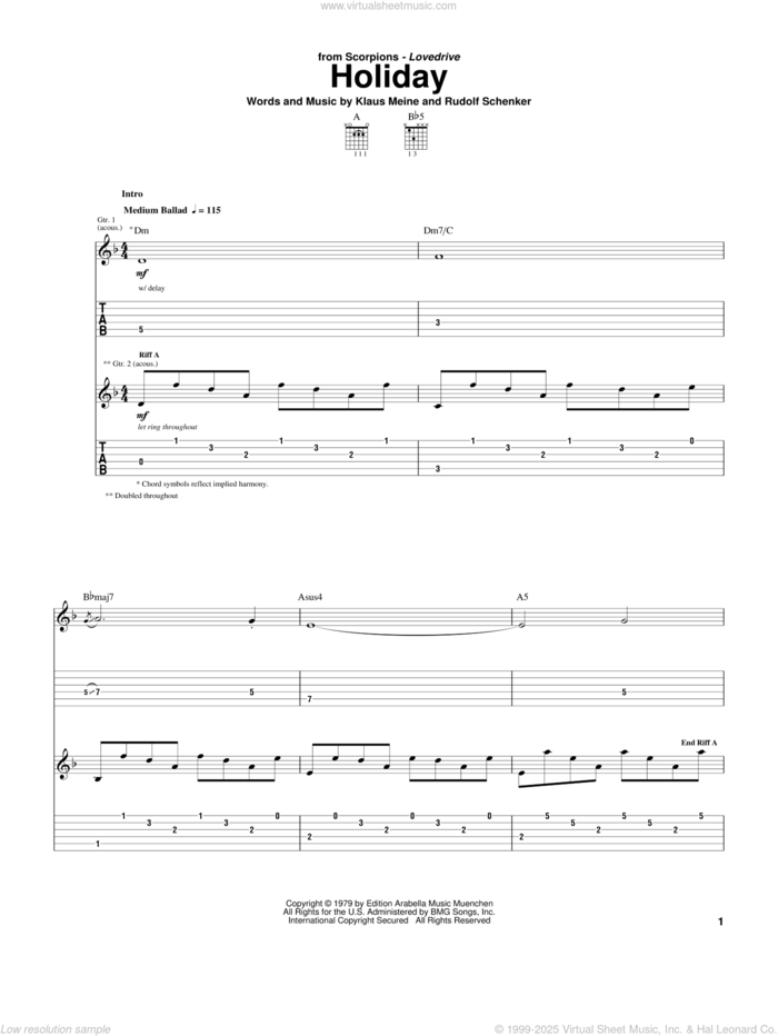 Holiday sheet music for guitar (tablature) by Scorpions, Klaus Meine and Rudolf Schenker, intermediate skill level