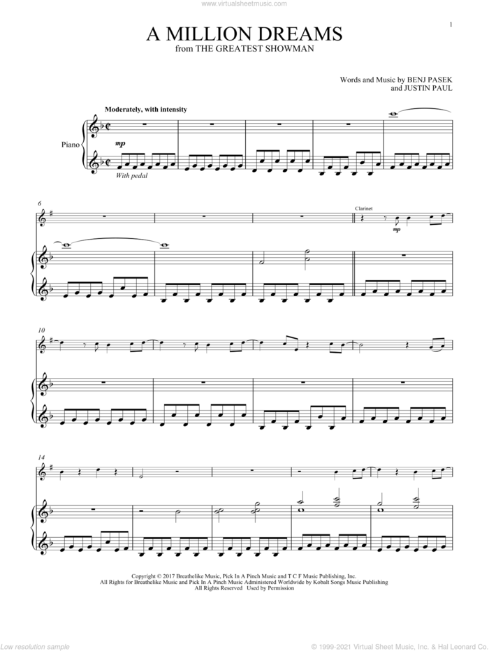 A Million Dreams (from The Greatest Showman) sheet music for clarinet and piano by Pasek & Paul, Benj Pasek and Justin Paul, intermediate skill level