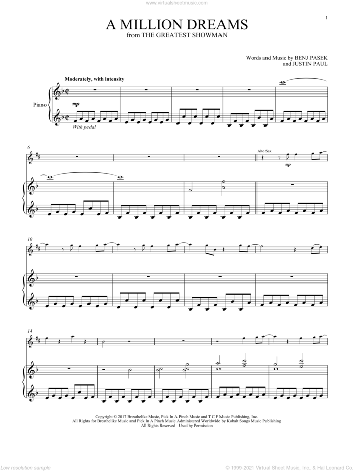 A Million Dreams (from The Greatest Showman) sheet music for alto saxophone and piano by Pasek & Paul, Benj Pasek and Justin Paul, intermediate skill level