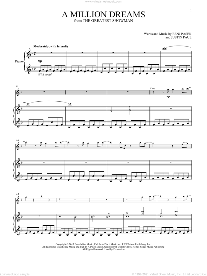 A Million Dreams (from The Greatest Showman) sheet music for flute and piano by Pasek & Paul, Benj Pasek and Justin Paul, intermediate skill level