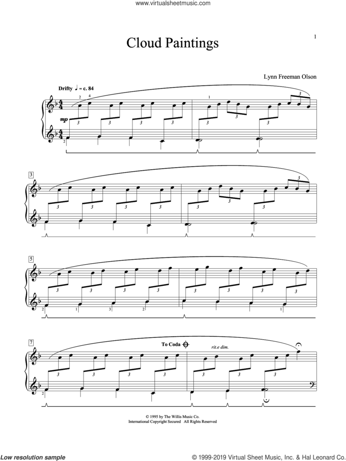 Cloud Paintings sheet music for piano solo (elementary) by Lynn Freeman Olson, classical score, beginner piano (elementary)