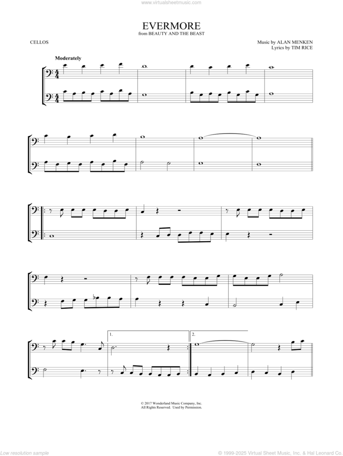 Evermore (from Beauty and the Beast) (arr. Mark Phillips) sheet music for two cellos (duet, duets) by Josh Groban, Mark Phillips, Alan Menken and Tim Rice, intermediate skill level