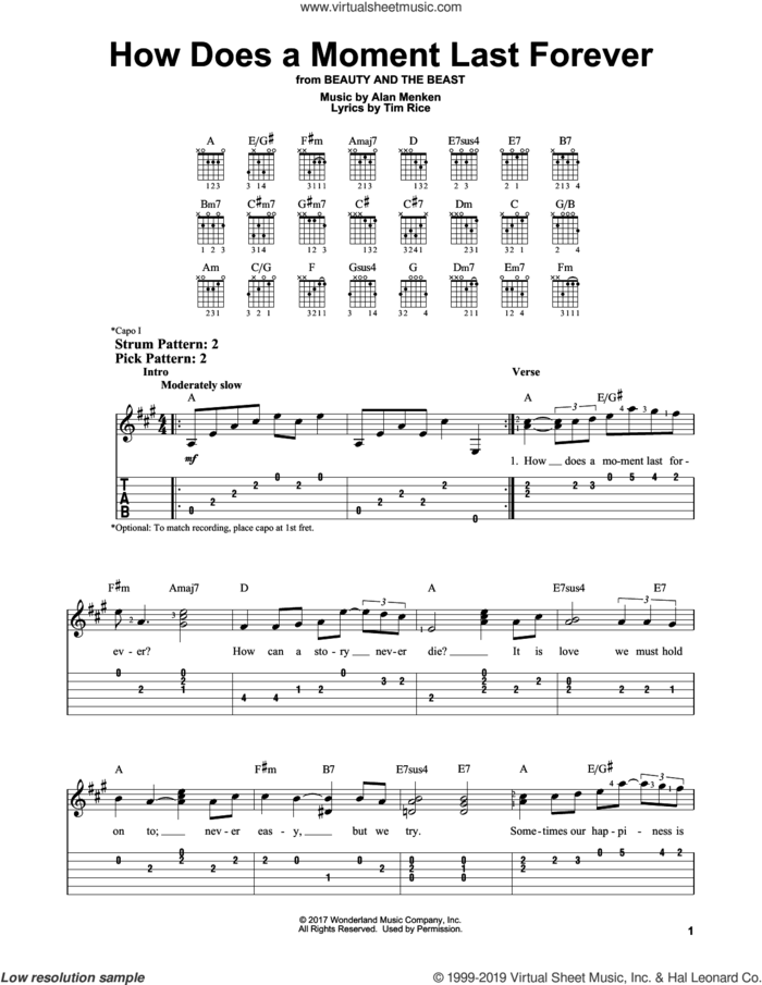 How Does A Moment Last Forever (from Beauty and the Beast) sheet music for guitar solo (easy tablature) by Celine Dion, Alan Menken and Tim Rice, easy guitar (easy tablature)