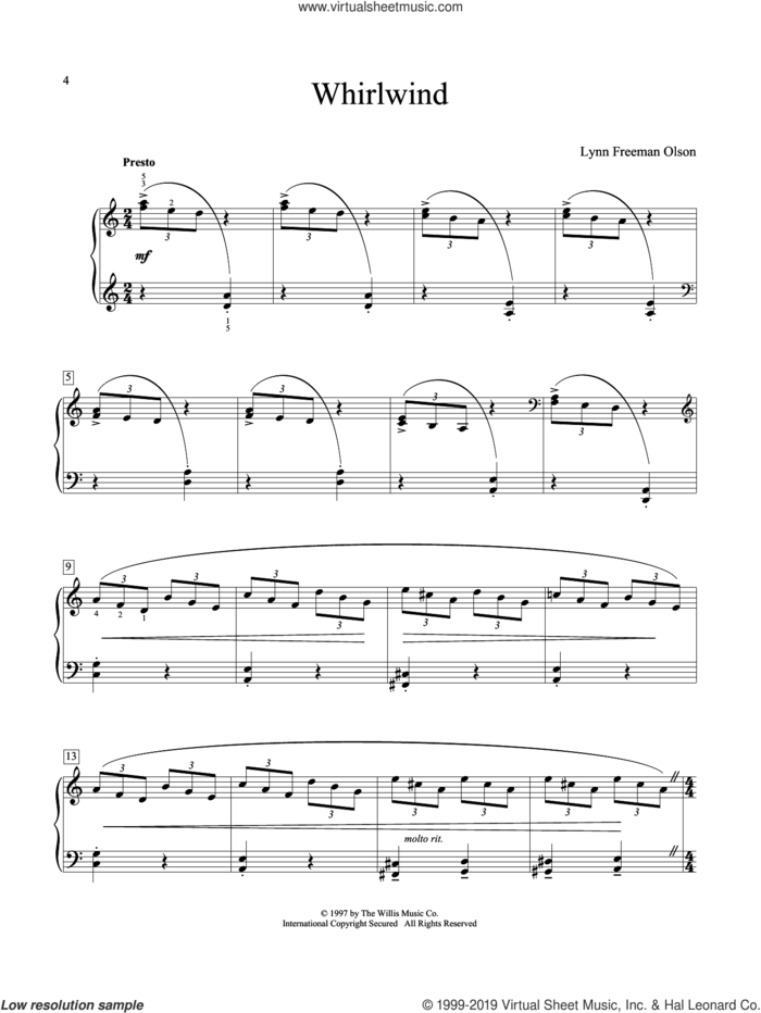 Whirlwind sheet music for piano solo (elementary) by Lynn Freeman Olson, classical score, beginner piano (elementary)