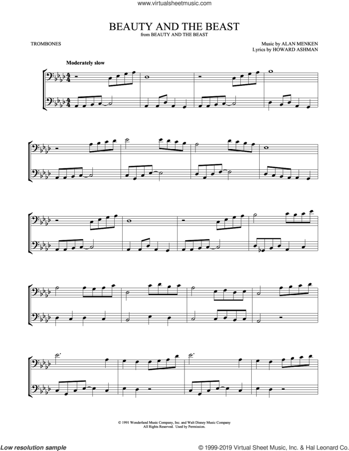 Beauty And The Beast (arr. Mark Phillips) sheet music for two trombones (duet, duets) by Celine Dion & Peabo Bryson, Mark Phillips, Alan Menken and Howard Ashman, intermediate skill level