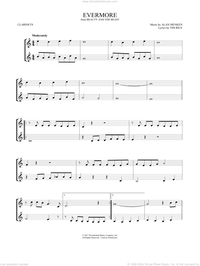 Evermore (from Beauty and the Beast) (arr. Mark Phillips) sheet music for two clarinets (duets) by Josh Groban, Mark Phillips, Alan Menken and Tim Rice, intermediate skill level