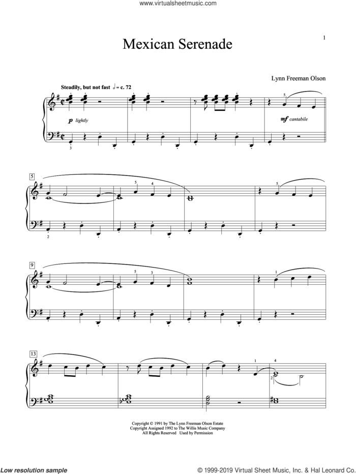 Mexican Serenade sheet music for piano solo (elementary) by Lynn Freeman Olson and William Gillock, classical score, beginner piano (elementary)