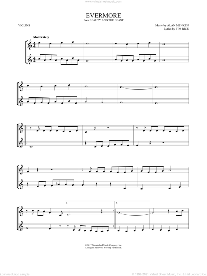 Evermore (from Beauty and the Beast) (arr. Mark Phillips) sheet music for two violins (duets, violin duets) by Josh Groban, Mark Phillips, Alan Menken and Tim Rice, intermediate skill level