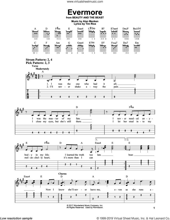 Evermore (from Beauty and the Beast) sheet music for guitar solo (easy tablature) by Josh Groban, Alan Menken and Tim Rice, easy guitar (easy tablature)