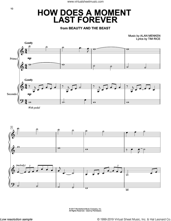 How Does A Moment Last Forever (from Beauty and the Beast) sheet music for piano four hands by Celine Dion, Alan Menken and Tim Rice, intermediate skill level