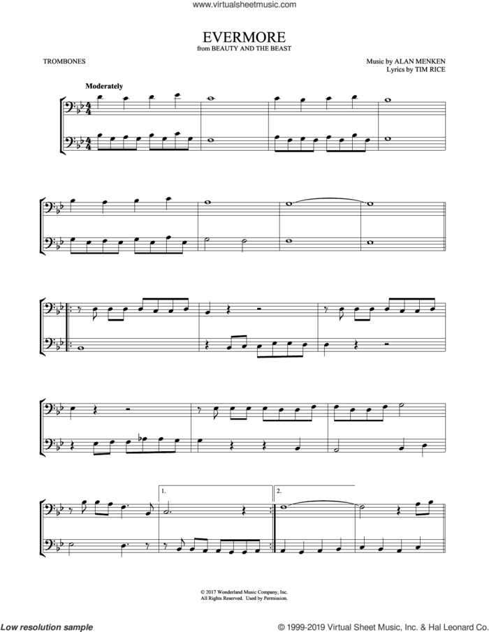 Evermore (from Beauty and the Beast) (arr. Mark Phillips) sheet music for two trombones (duet, duets) by Josh Groban, Mark Phillips, Alan Menken and Tim Rice, intermediate skill level