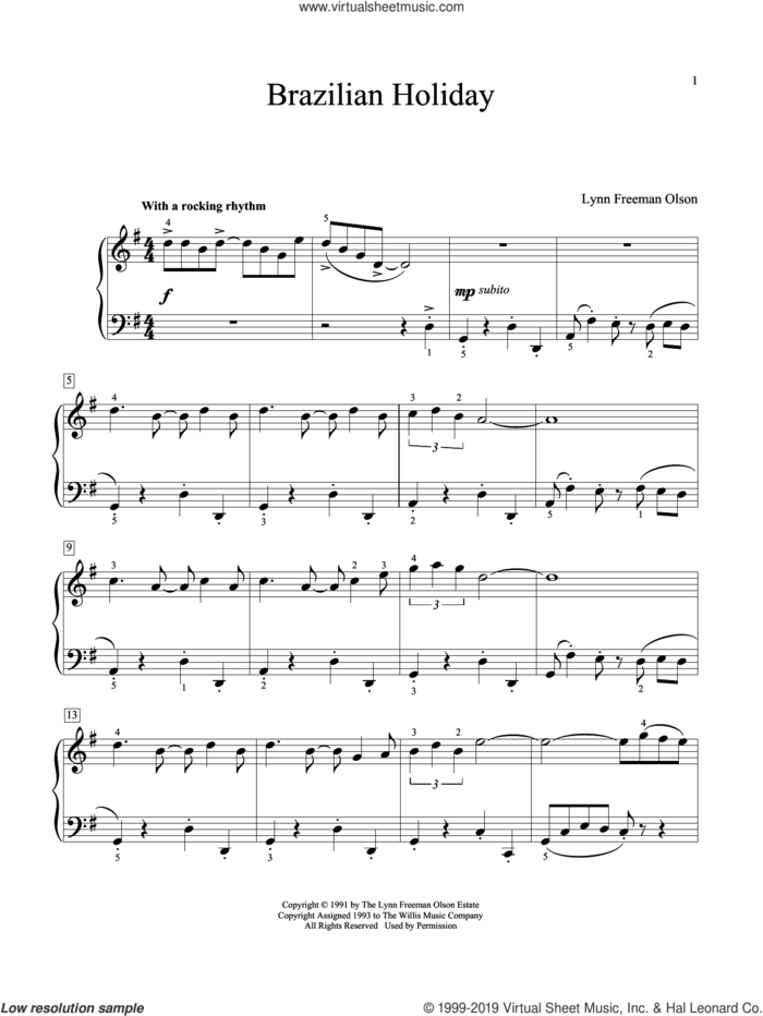 Brazilian Holiday sheet music for piano solo (elementary) by Lynn Freeman Olson and William Gillock, classical score, beginner piano (elementary)