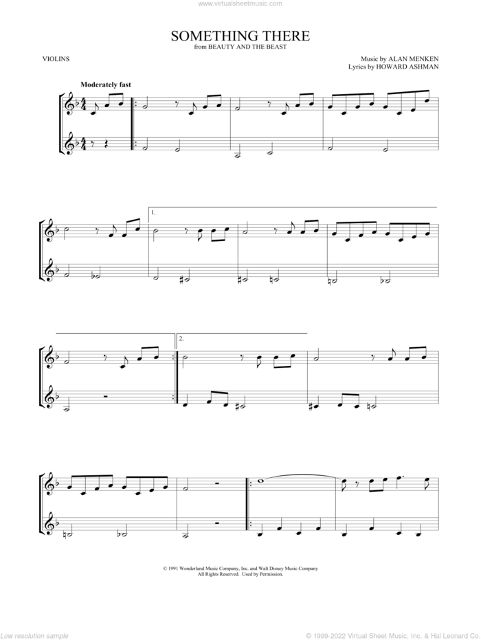 Something There (from Beauty and the Beast) (arr. Mark Phillips) sheet music for two violins (duets, violin duets) by Beauty and the Beast Cast, Mark Phillips, Alan Menken & Howard Ashman, Alan Menken and Howard Ashman, intermediate skill level