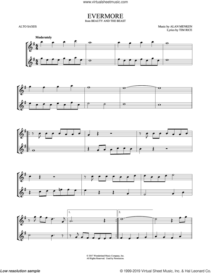 Evermore (from Beauty and the Beast) (arr. Mark Phillips) sheet music for two alto saxophones (duets) by Josh Groban, Mark Phillips, Alan Menken and Tim Rice, intermediate skill level