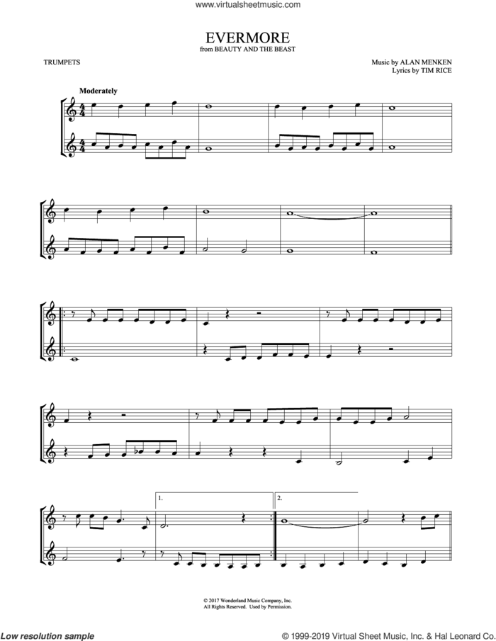 Evermore (from Beauty and the Beast) (arr. Mark Phillips) sheet music for two trumpets (duet, duets) by Josh Groban, Mark Phillips, Alan Menken and Tim Rice, intermediate skill level