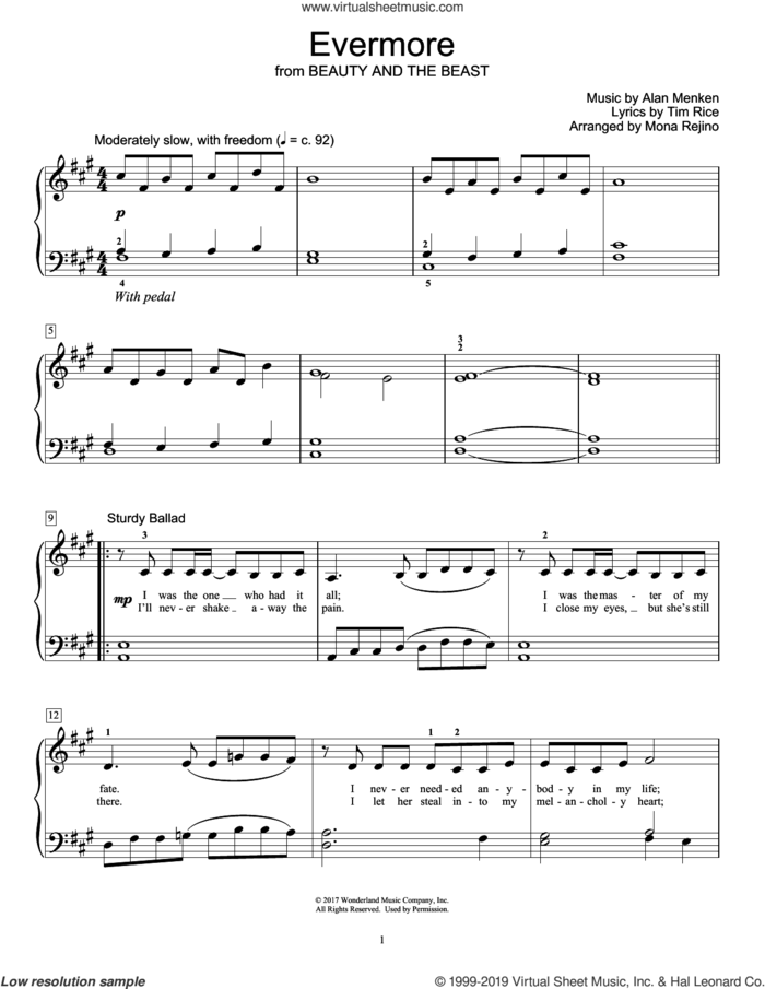 Evermore (from Beauty and the Beast) (arr. Mona Rejino) sheet music for piano solo (elementary) by Josh Groban, Mona Rejino, Alan Menken and Tim Rice, beginner piano (elementary)