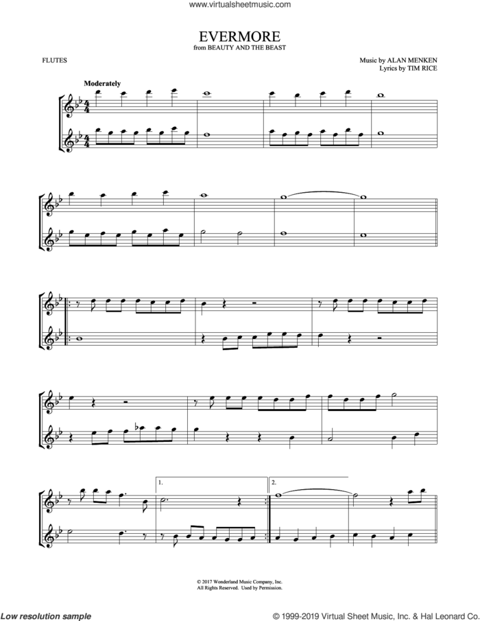 Evermore (from Beauty and the Beast) (arr. Mark Phillips) sheet music for two flutes (duets) by Josh Groban, Mark Phillips, Alan Menken and Tim Rice, intermediate skill level