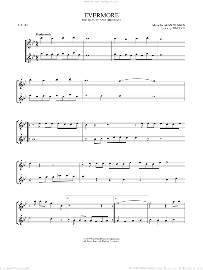 Evermore (from Beauty and the Beast) (arr. Mark Phillips) sheet music for two flutes (duets) by Josh Groban, Mark Phillips, Alan Menken and Tim Rice, intermediate skill level