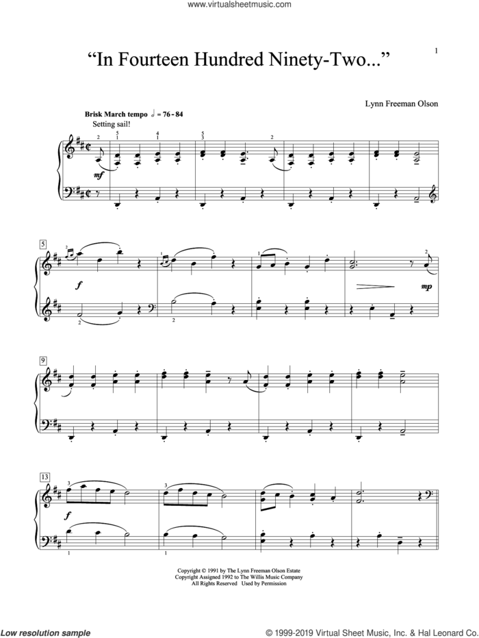 'In Fourteen Hundred Ninety-Two...' sheet music for piano solo (elementary) by Lynn Freeman Olson and William Gillock, classical score, beginner piano (elementary)