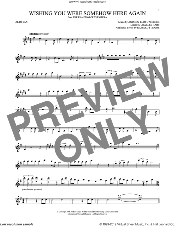 Wishing You Were Somehow Here Again (from The Phantom Of The Opera) sheet music for alto saxophone solo by Andrew Lloyd Webber, Charles Hart and Richard Stilgoe, intermediate skill level