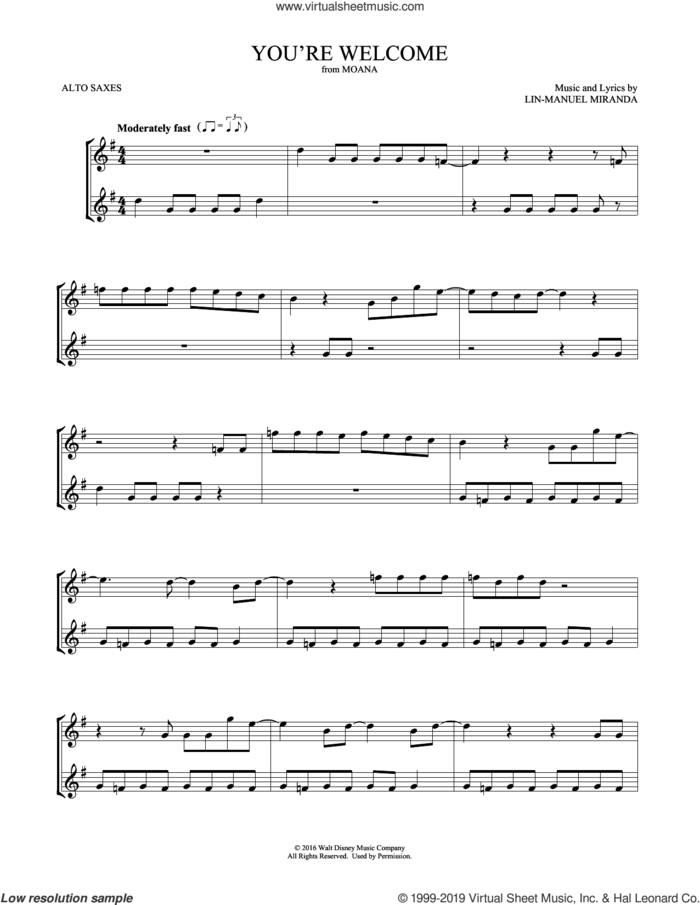 You're Welcome (from Moana) (arr. Mark Phillips) sheet music for two alto saxophones (duets) by Lin-Manuel Miranda and Mark Phillips, intermediate skill level