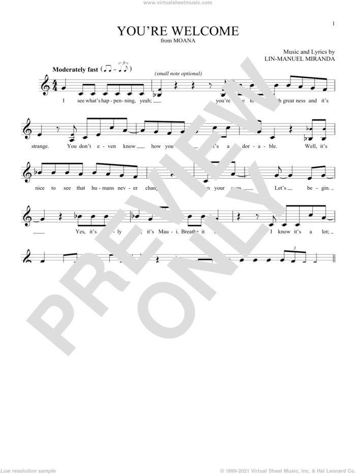 You're Welcome (from Moana) sheet music for ocarina solo by Lin-Manuel Miranda, intermediate skill level