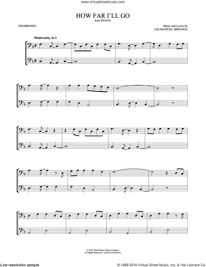 How Far I'll Go (from Moana) (arr. Mark Phillips) sheet music for two trombones (duet, duets) by Lin-Manuel Miranda, Mark Phillips and Alessia Cara, intermediate skill level