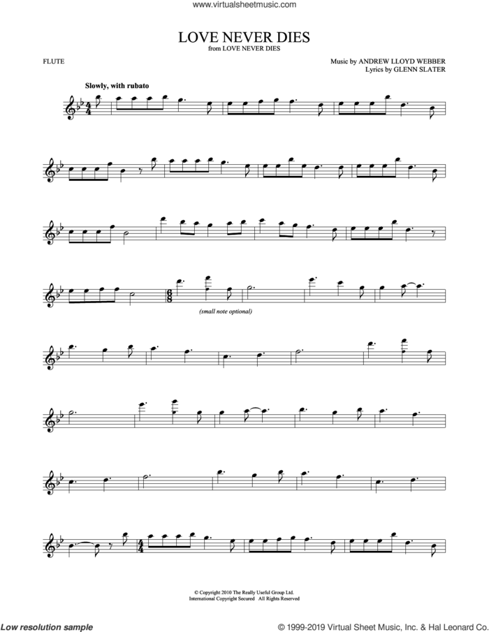 Love Never Dies sheet music for flute solo by Andrew Lloyd Webber and Glenn Slater, intermediate skill level
