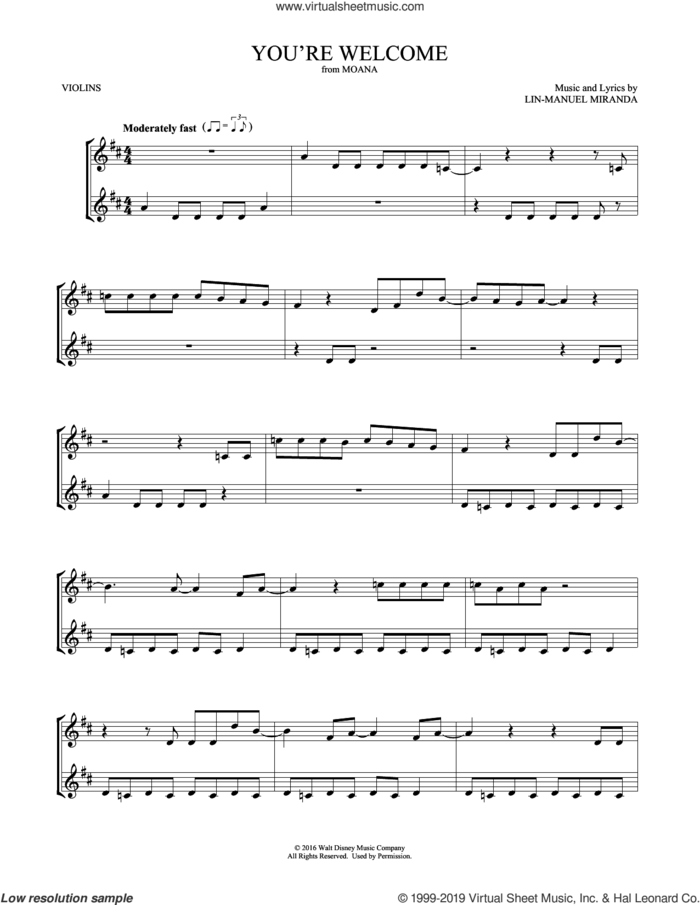 You're Welcome (from Moana) (arr. Mark Phillips) sheet music for two violins (duets, violin duets) by Lin-Manuel Miranda and Mark Phillips, intermediate skill level