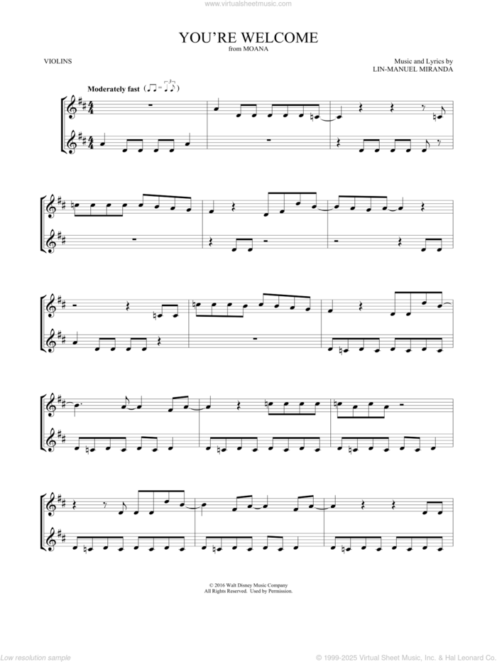 You're Welcome (from Moana) (arr. Mark Phillips) sheet music for two violins (duets, violin duets) by Lin-Manuel Miranda and Mark Phillips, intermediate skill level