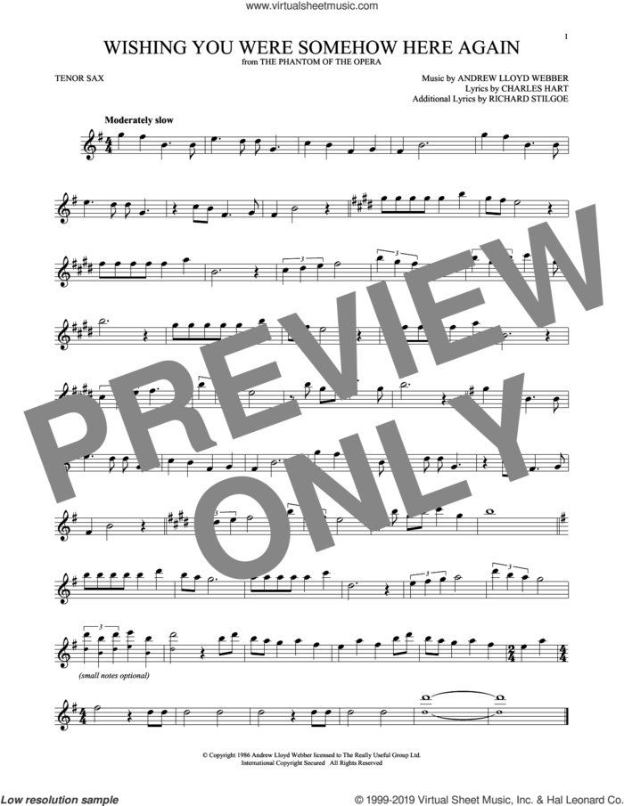 Wishing You Were Somehow Here Again (from The Phantom Of The Opera) sheet music for tenor saxophone solo by Andrew Lloyd Webber, Charles Hart and Richard Stilgoe, intermediate skill level