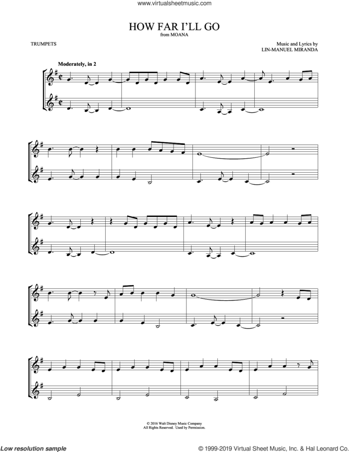 How Far I'll Go (from Moana) (arr. Mark Phillips) sheet music for two trumpets (duet, duets) by Lin-Manuel Miranda, Mark Phillips and Alessia Cara, intermediate skill level